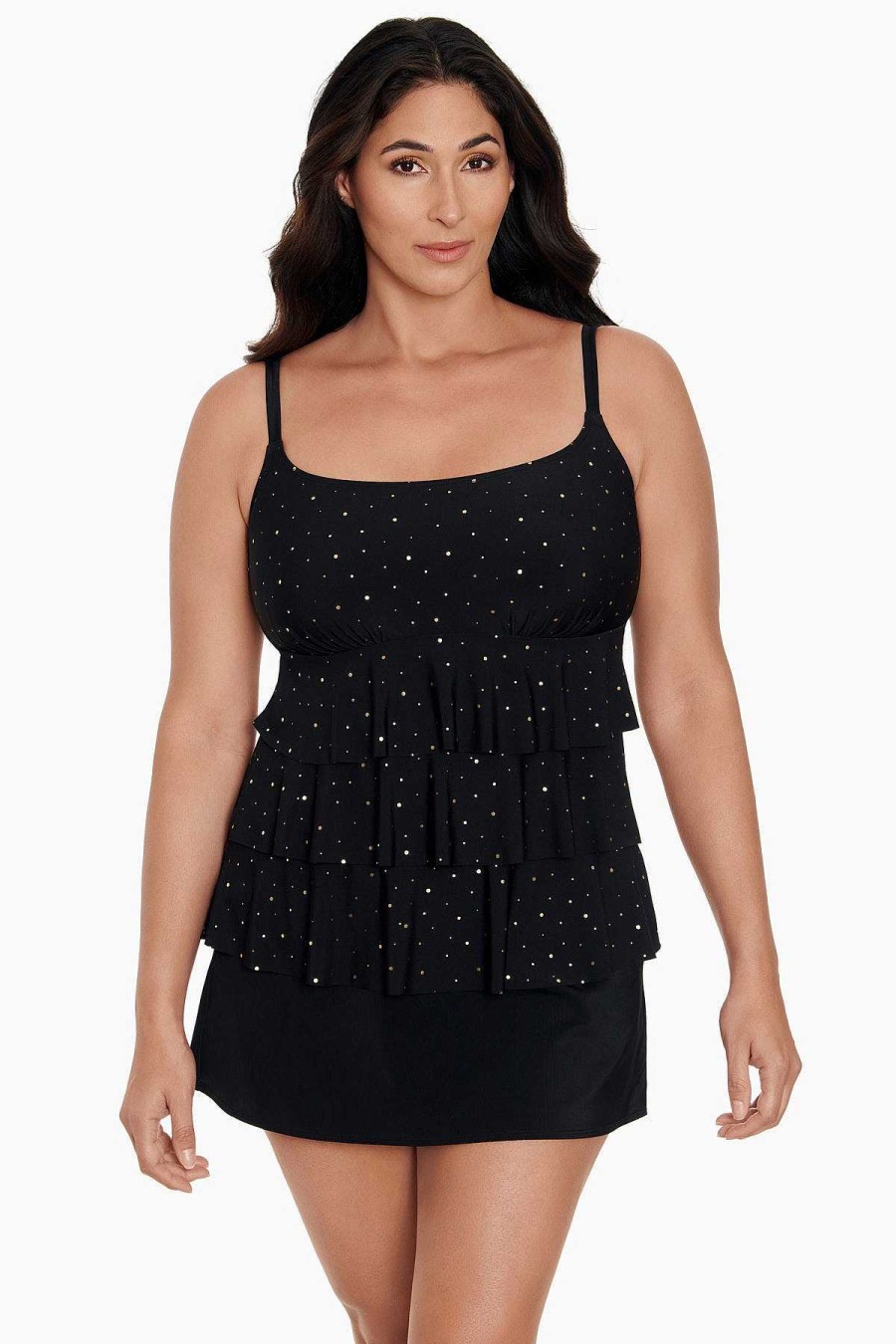 Swim Longitude | Faux Ruffle Long Torso Skirtini W/Pockets Swim Dress Night Stars Black/Gold