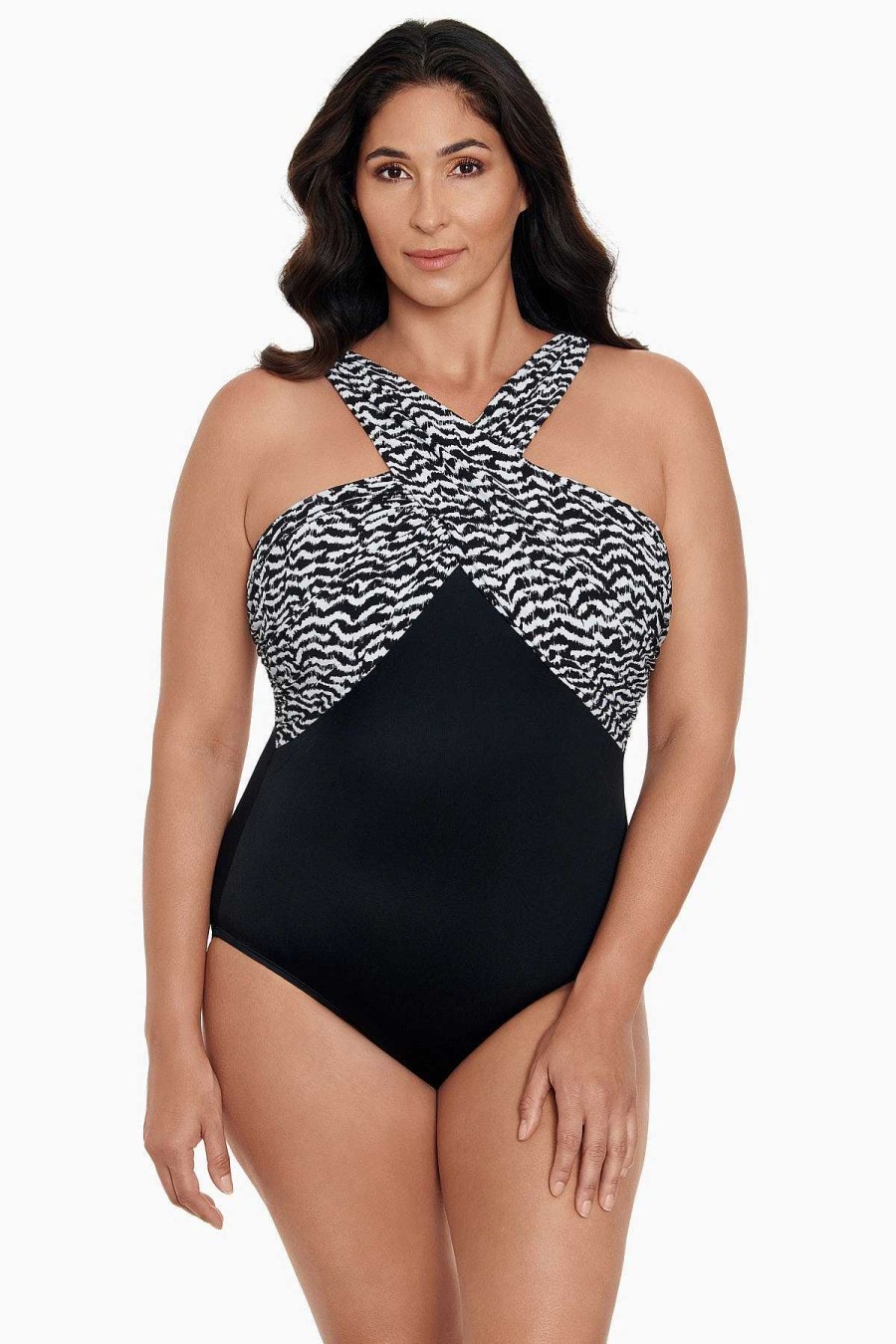 Swim Longitude | Crossover Draped Tank Long Torso One Piece Swimsuit Majorca Black/White