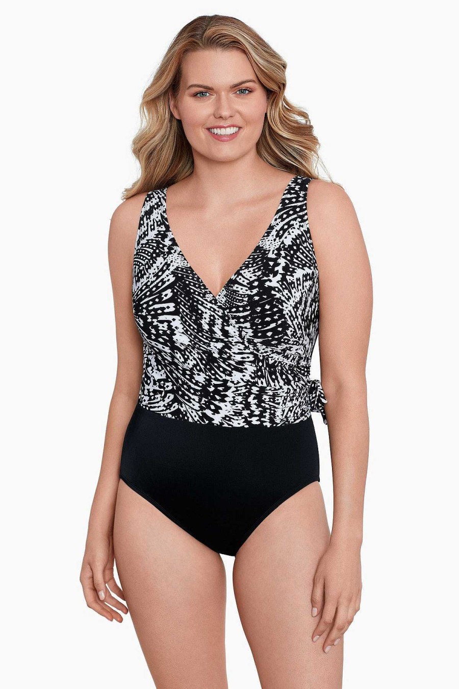 Swim Longitude | Flutter Side Tie Draped Surplice Long Torso Swimsuit Black/White