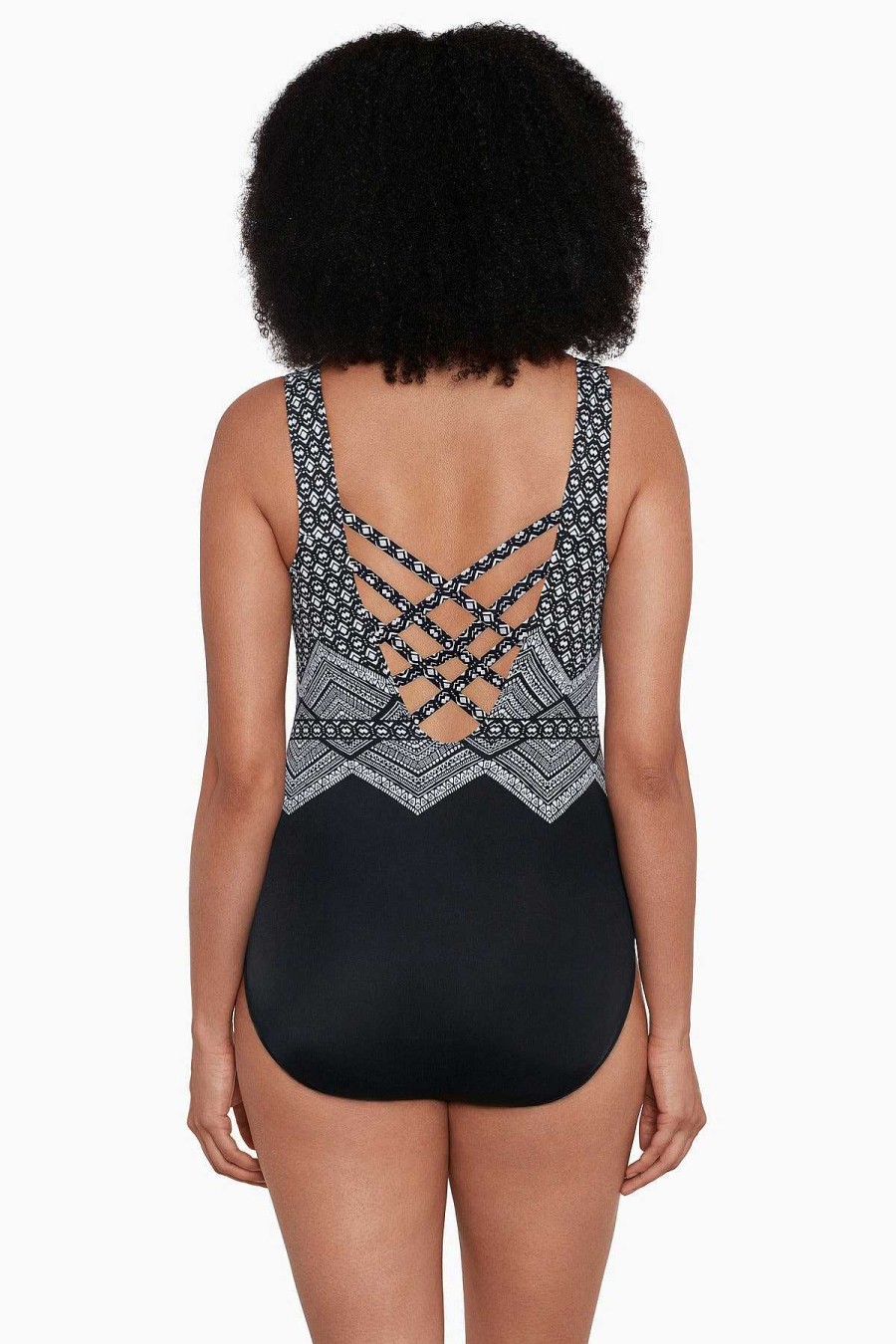 Swim Longitude | Triple X-Back Long Torso Tank Swimsuit Lace To The Top Black/White