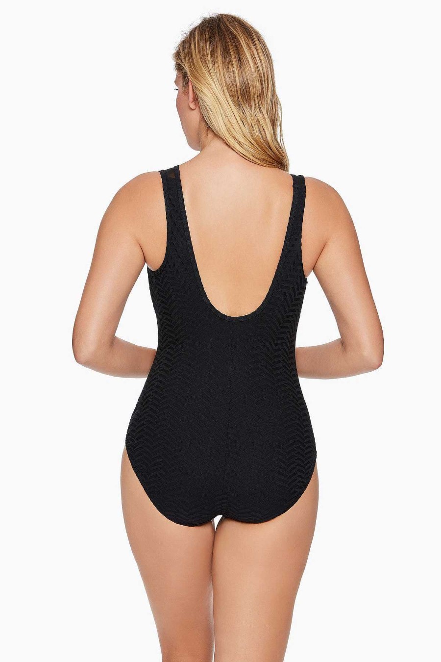 Swim Longitude | Sweetheart Mesh Highneck Long Torso One Piece Swimsuit Half Moon Texture Black