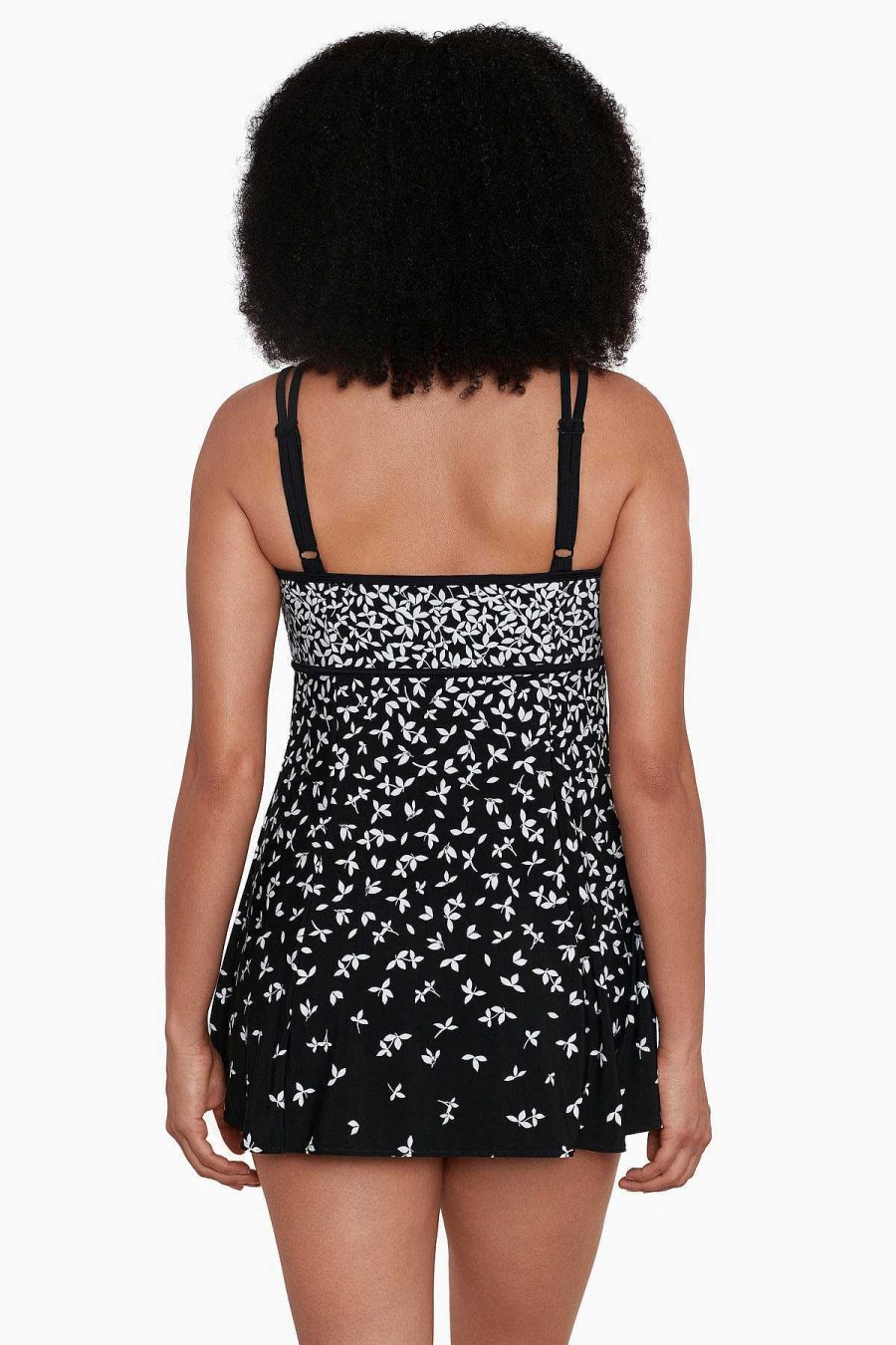 Swim Longitude | Empire Princess Seam Long Torso Swim Dress Petals In Love Black/White