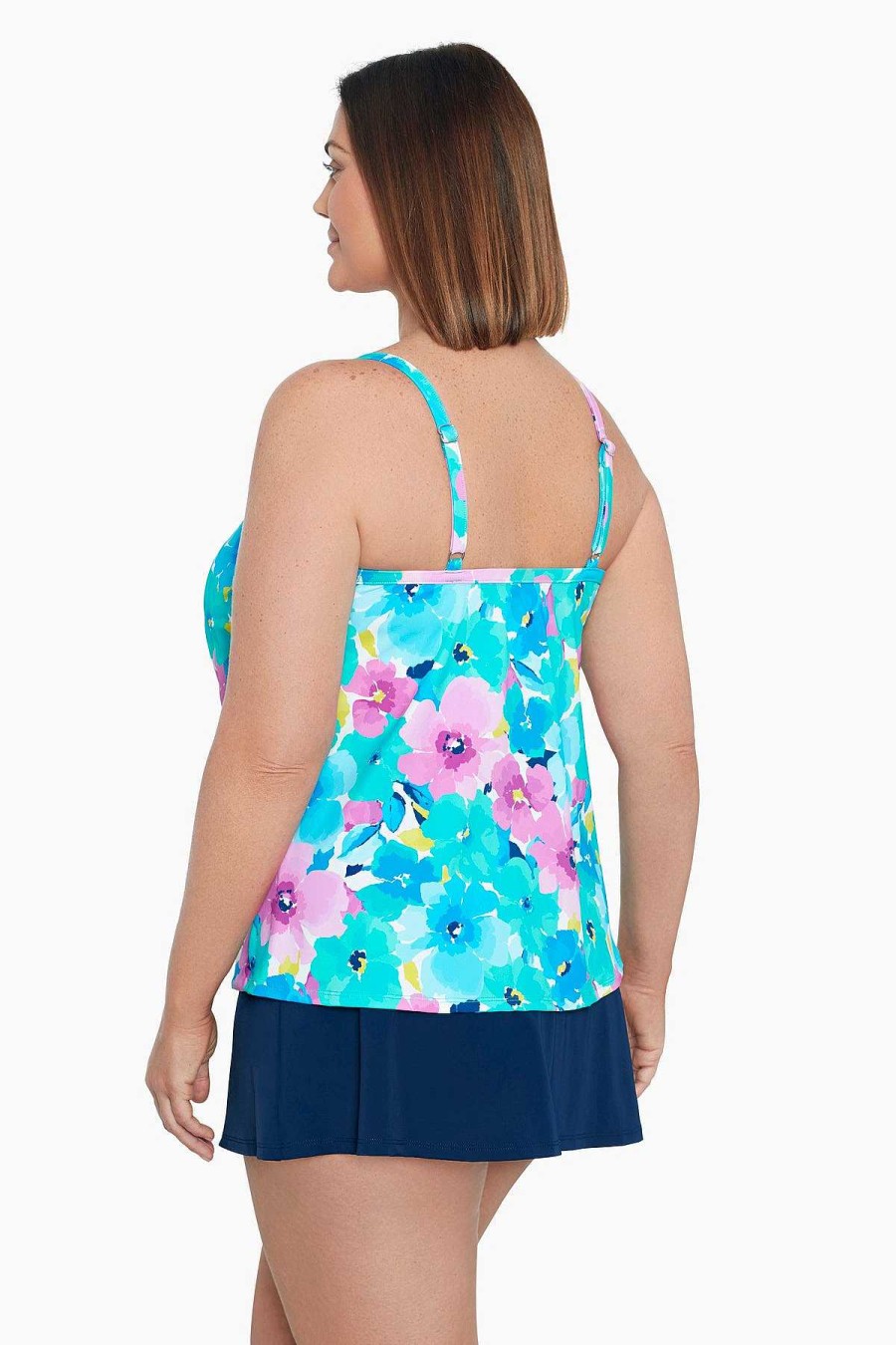 Swim Longitude | Plus Size Knotted Flyaway Tankini Top Hidden Garden Multi