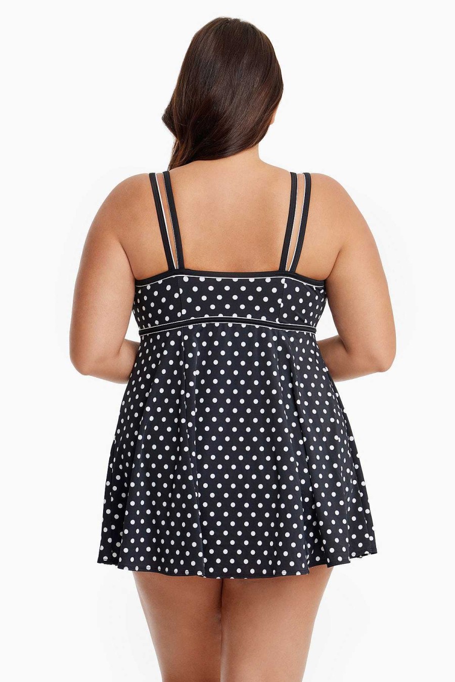 Swim Longitude | Plus Size Empire Princess Swim Dress W/ Piping Luna Dot Black/White