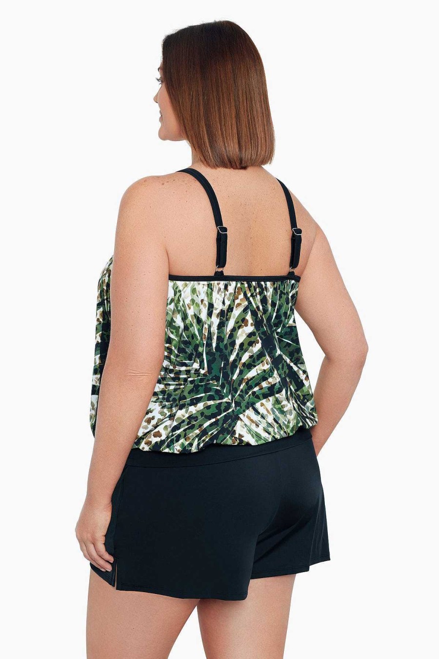 Swim Longitude | Plus Size High Neck Blouson Tankini Top W/ Mesh Inserts Wild Leaf Multi