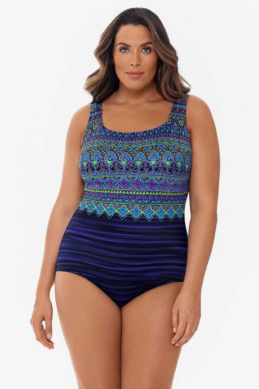 Swim Longitude | Plus Size Triple X-Back Tank Long Torso One Piece Swimsuit Taj Mahal Multi