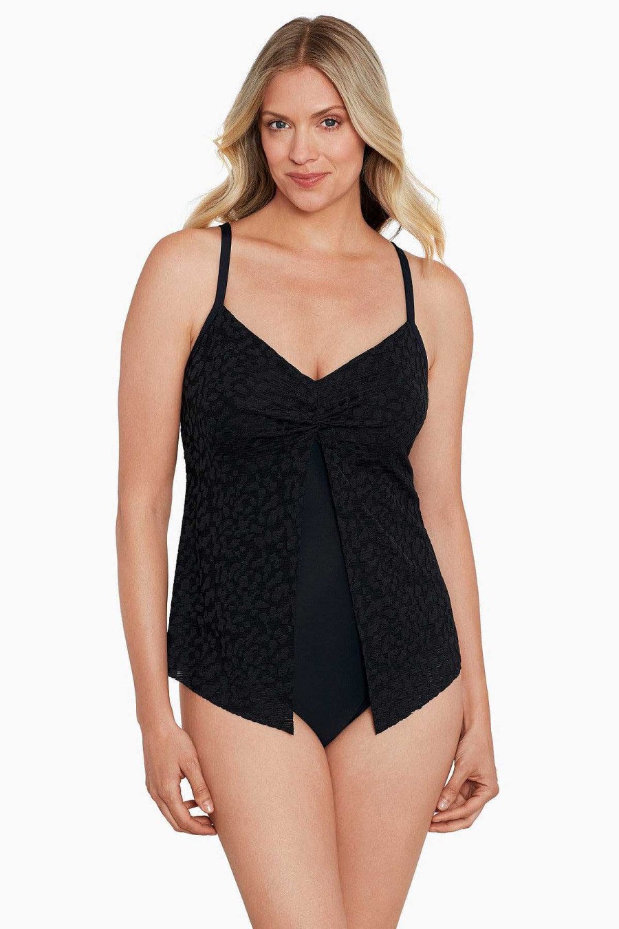 Swim Longitude | Knotted Flyaway Fauxkini One Piece Swimsuit Shadow Prowl Black