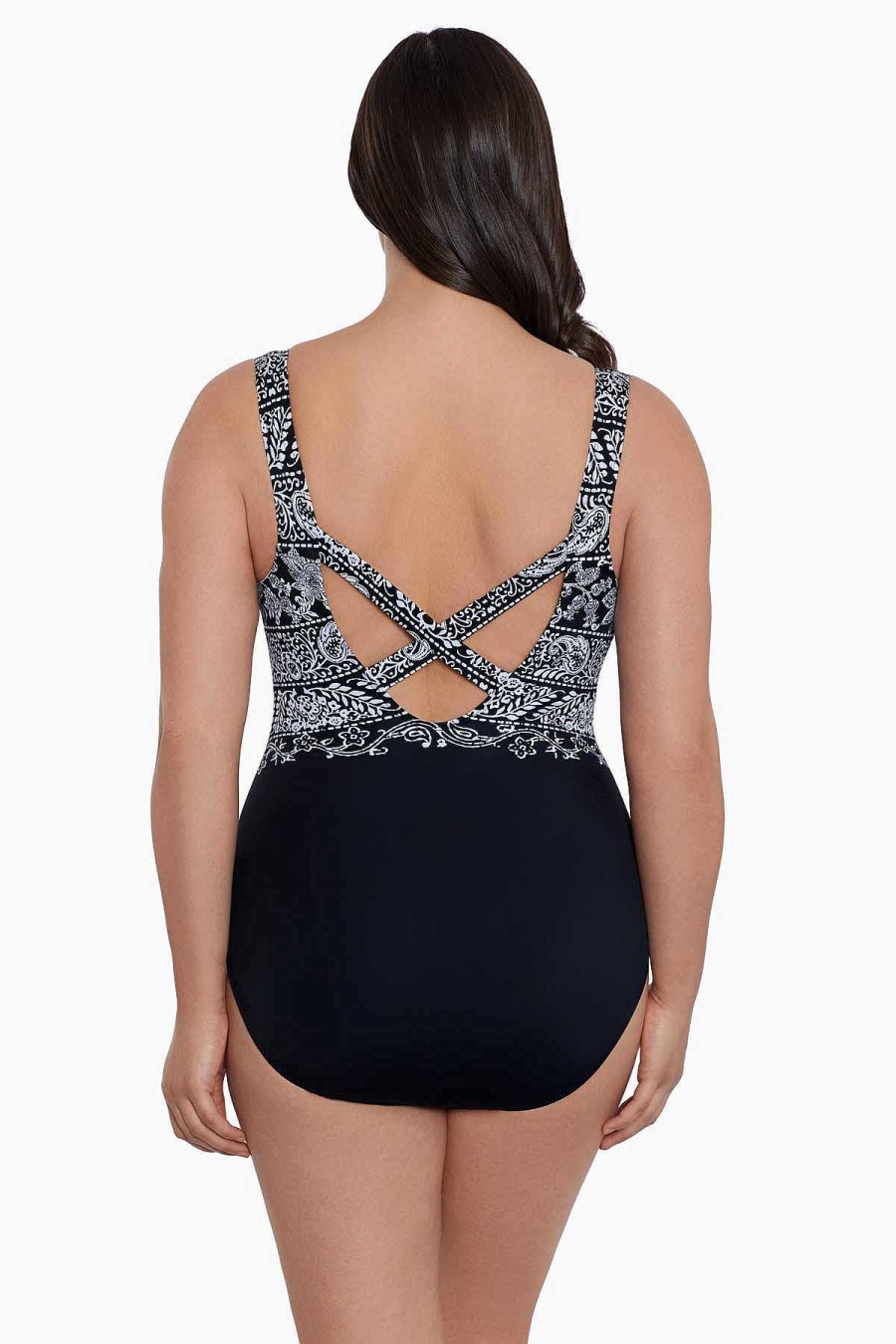 Swim Longitude | X Back Tank Long Torso One Piece Swimsuit Night Seas Black/White