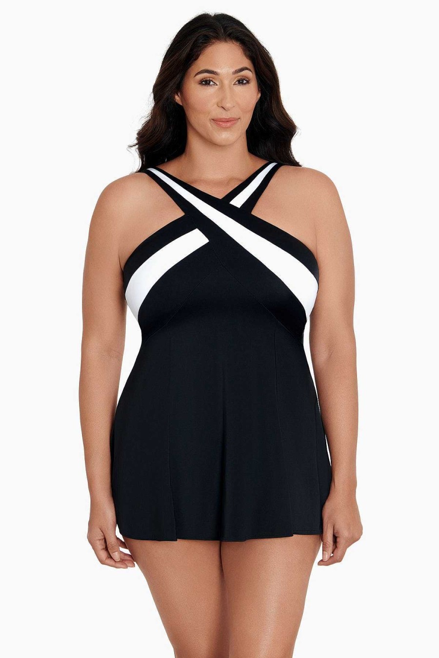 Swim Longitude | Crossover Inset Princess Seam Long Torso Swim Dress Private Party Black/White