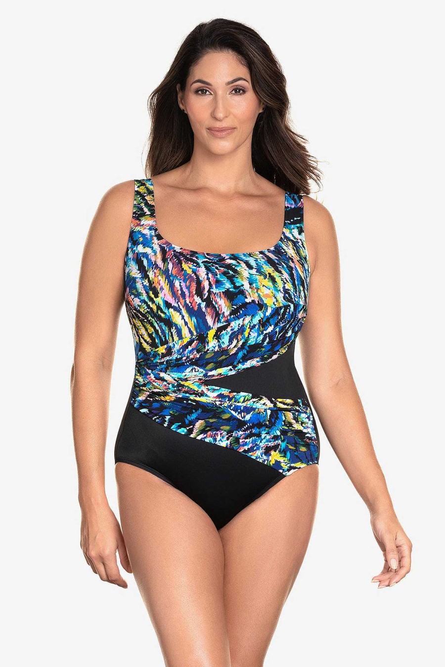 Swim Longitude | Sash Wrap Tank Long Torso One Piece Swimsuit Wild Coral Multi