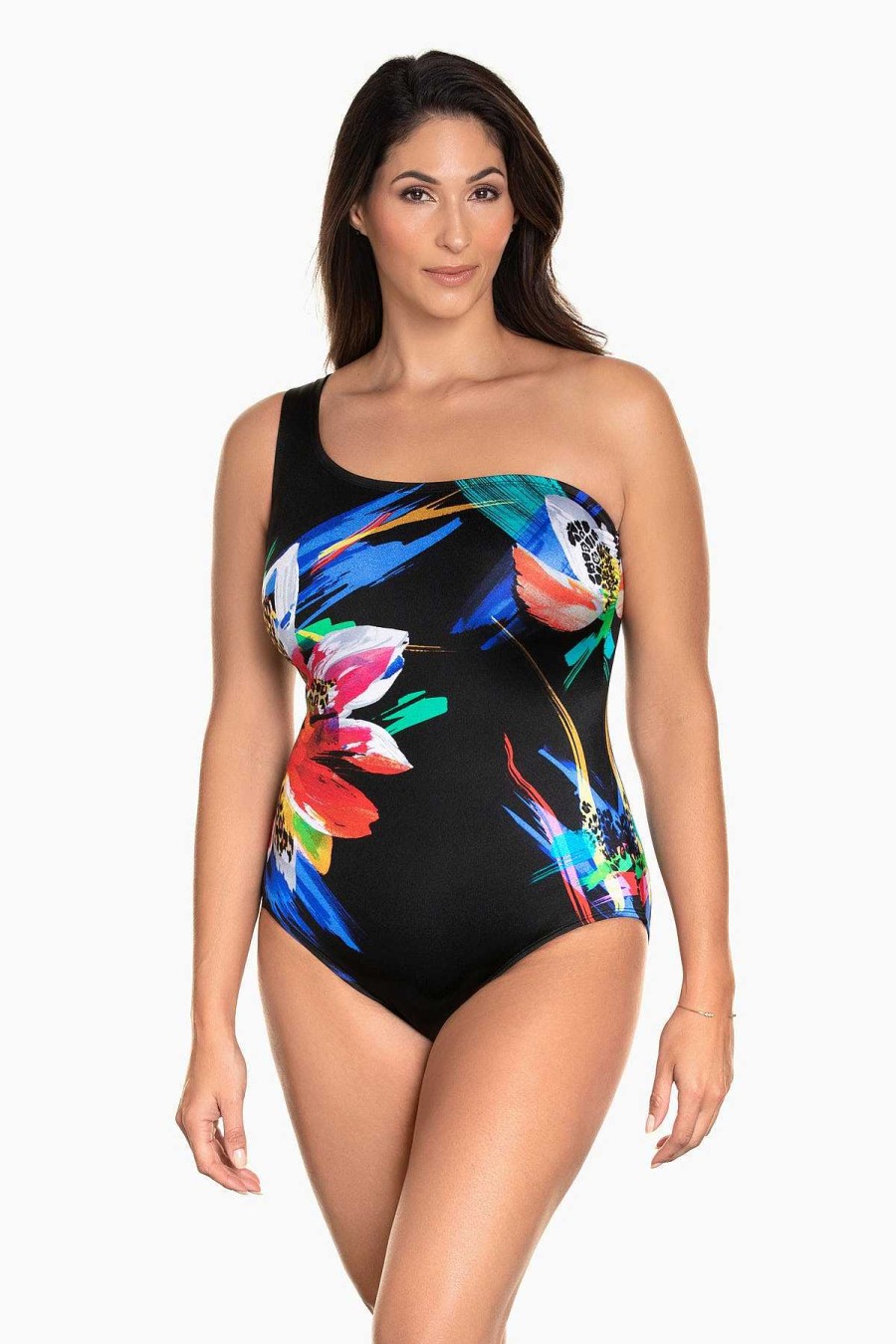 Swim Longitude | Panel Strappy One Shoulder Long Torso One Piece Swimsuit From Rio Xo Multi