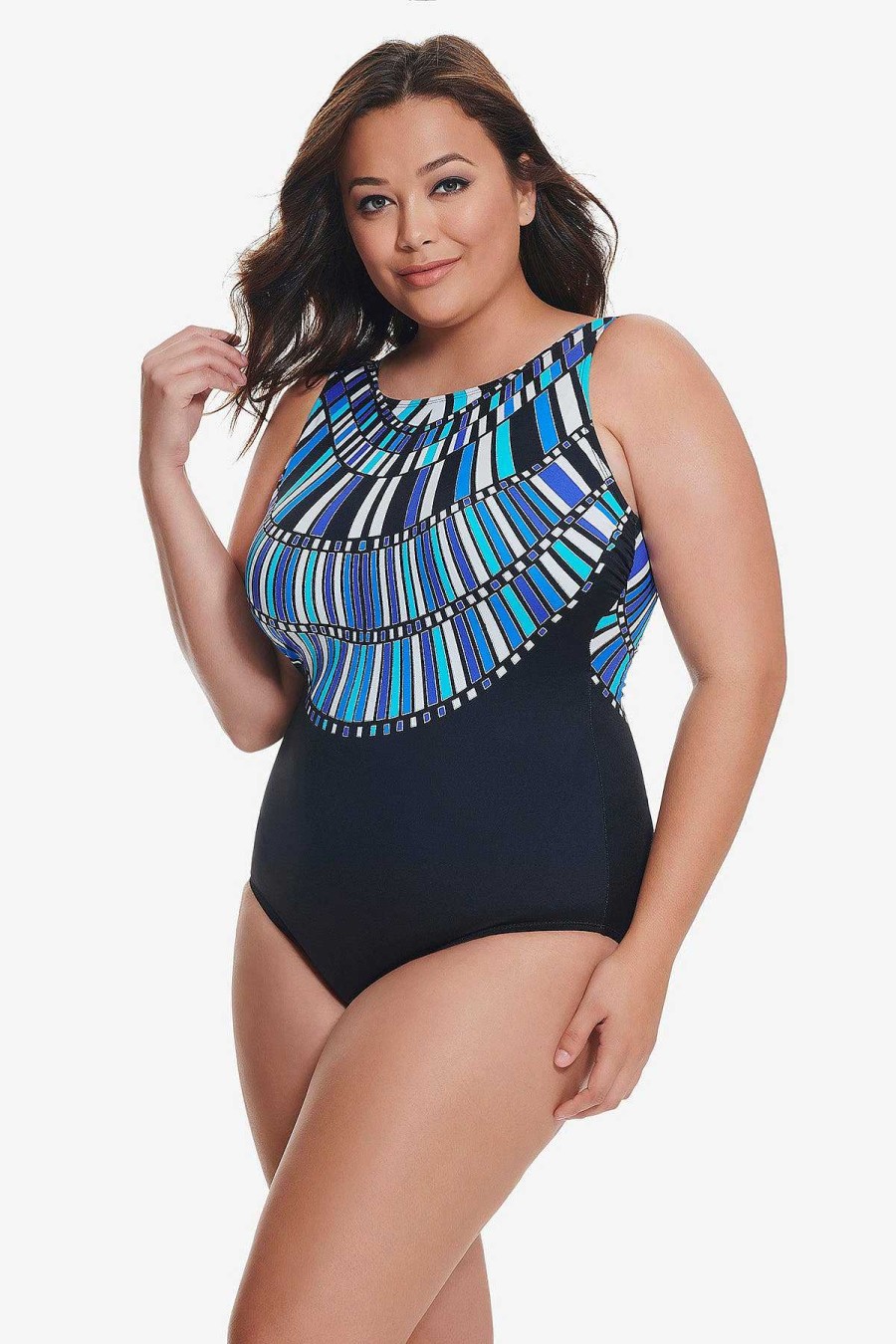 Swim Longitude | Plus Size Scoopback Highneck Long Torso One Piece Swimsuit Glitz And Glamour Blue