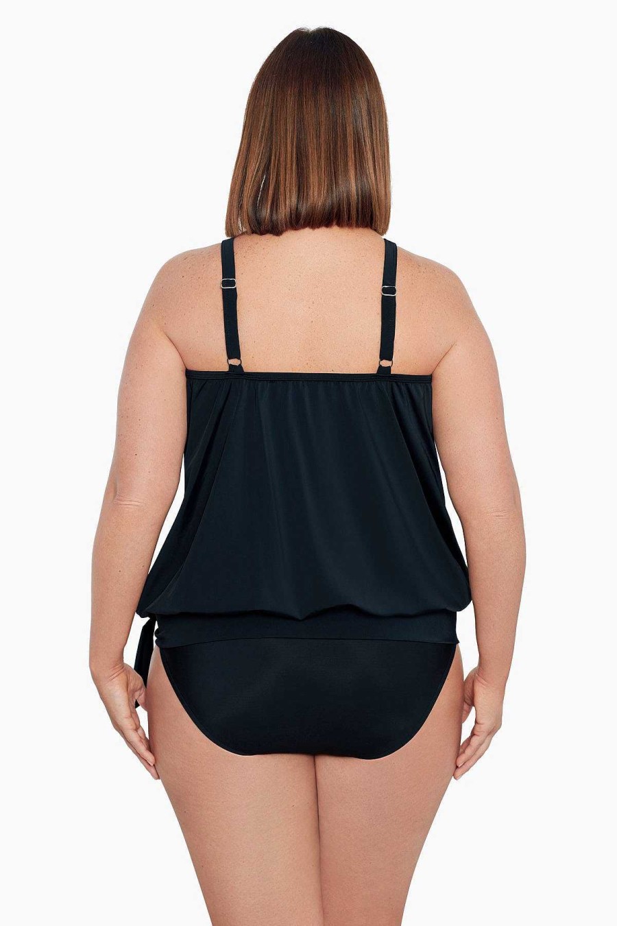 Swim Longitude | Plus Size High Neck Blouson Tankini Top W/ Mesh Inserts Meshed Up Black