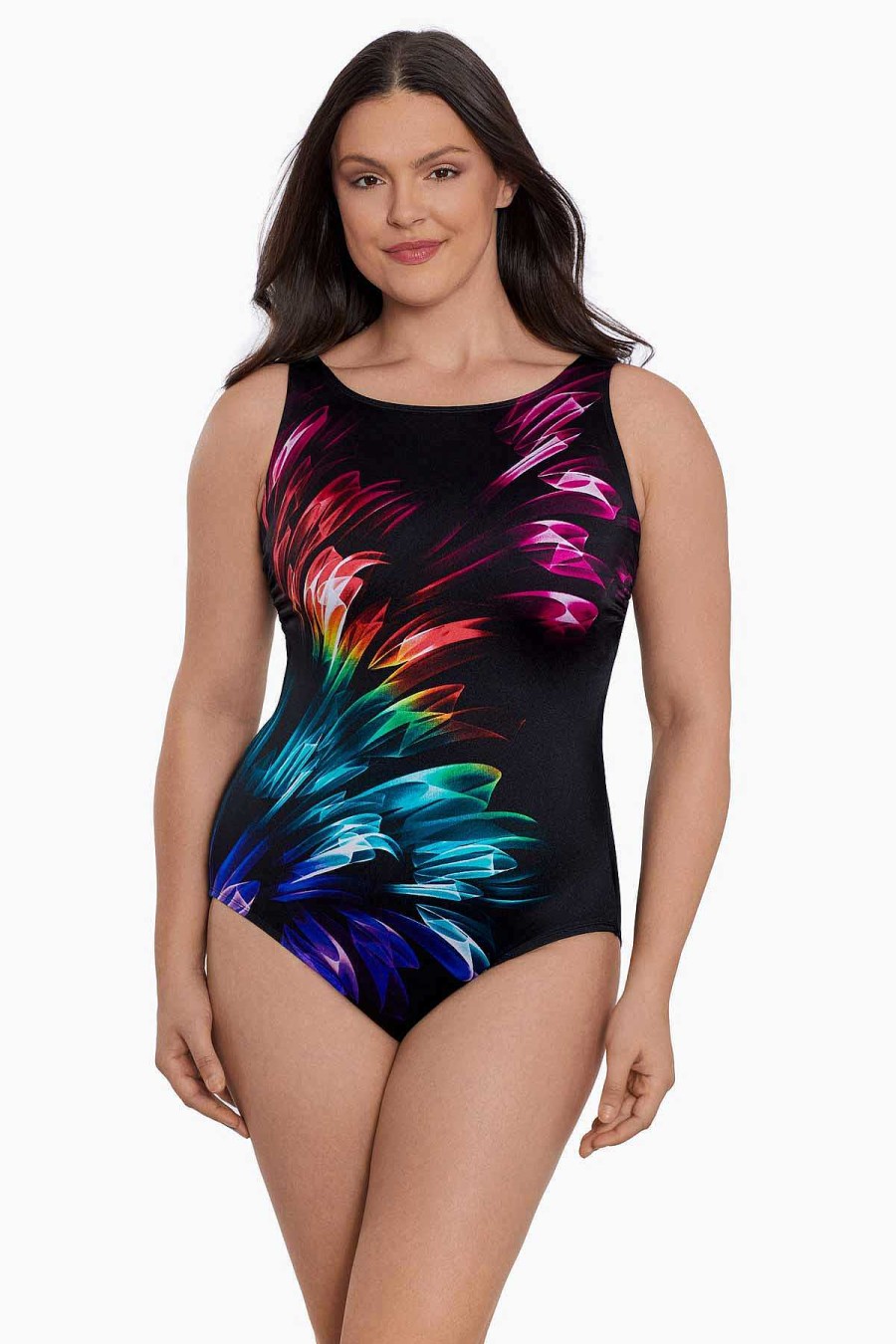 Swim Longitude | Panel Scoopback Highneck Tank Long Torso One Piece Swimsuit Hard Candy Multi