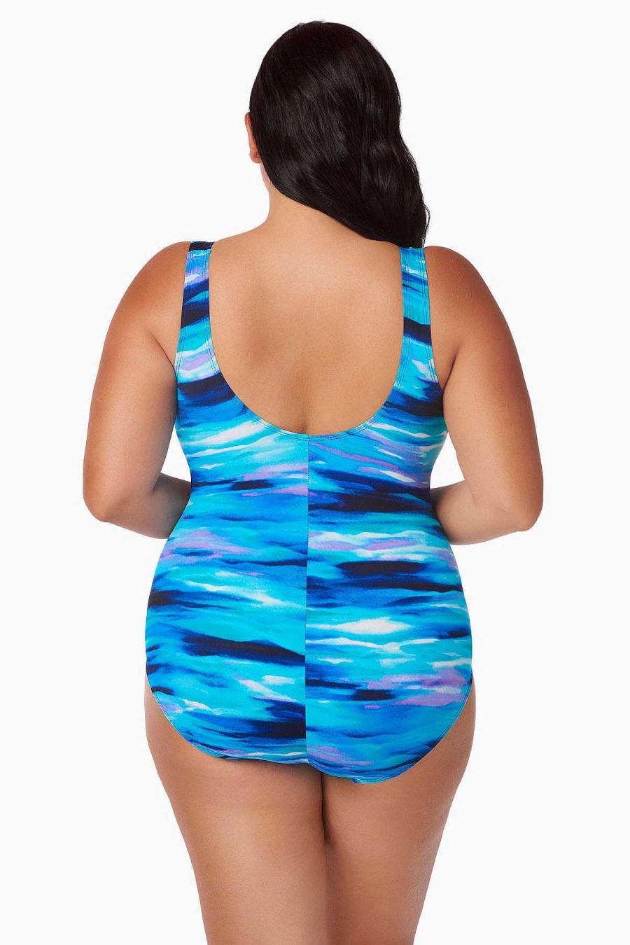 Swim Longitude | Plus Size Shirred Sweetheart Lingerie Tank Long Torso One Piece Swimsuit Making Waves Blue