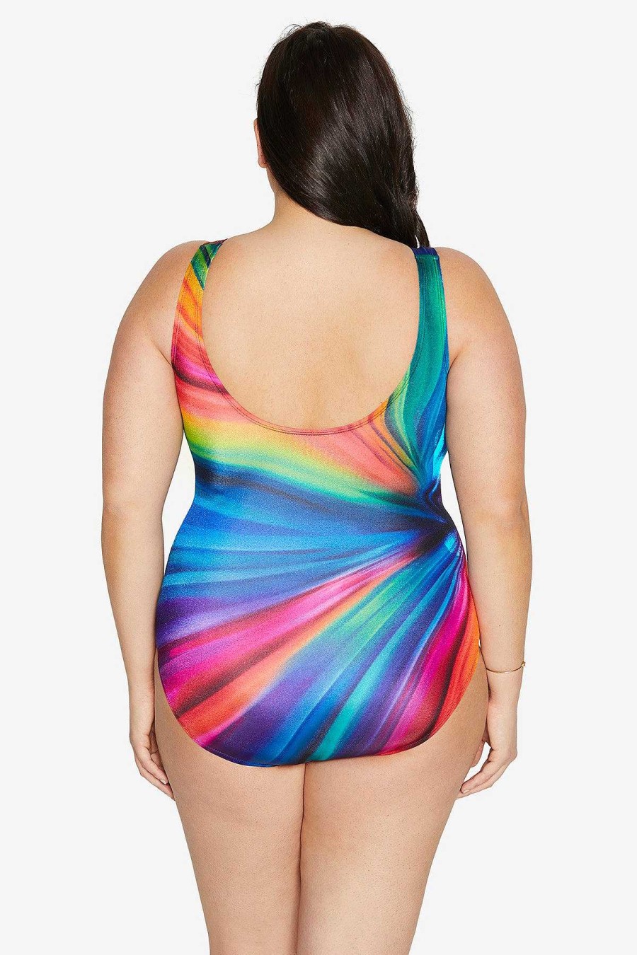 Swim Longitude | Plus Size Panel Scoopneck Tank Long Torso One Piece Swimsuit Twisted Ways Multi