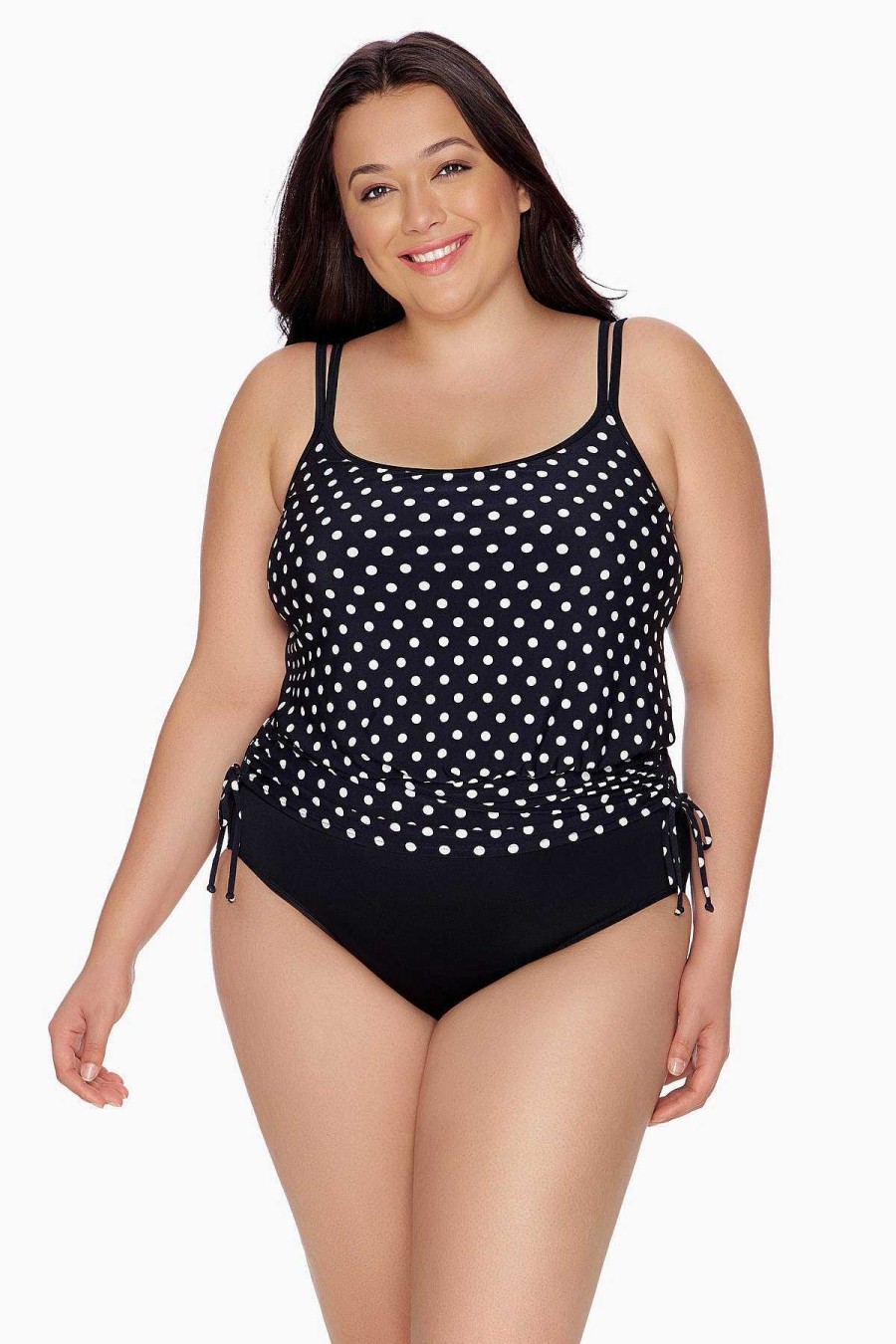 Swim Longitude | Plus Size Side Ruched Blouson Long Torso One Piece Swimsuit Luna Dot Black/White