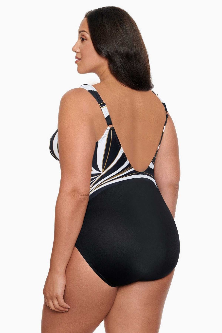 Swim Longitude | Plus Size Panel Scoop Neck Tank W/Hardware Dangerous Curves Black/Gold