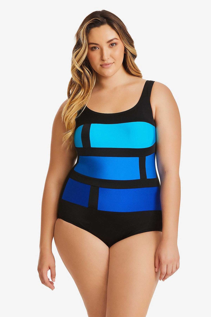 Swim Longitude | Plus Size Tank Long Torso One Piece Swimsuit Colorblock Stained Glass Blue