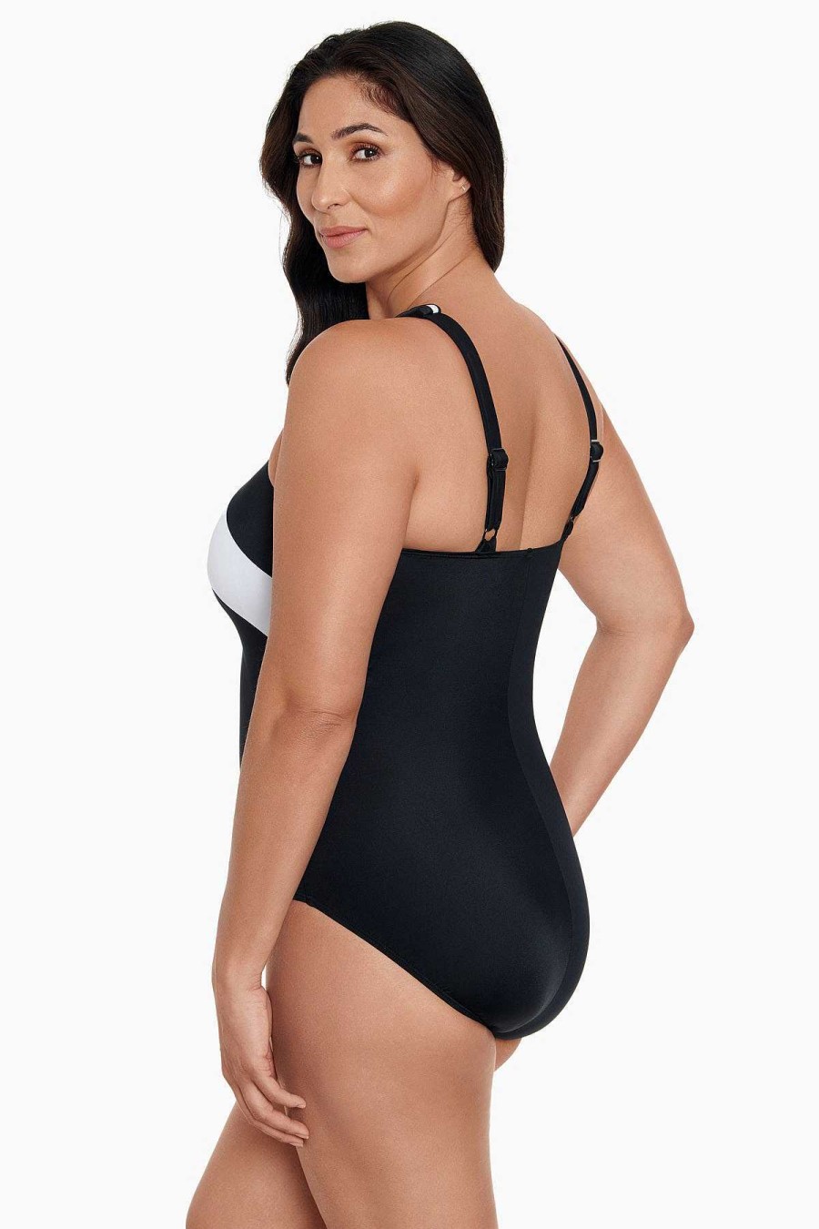 Swim Longitude | Crossover Inset Tank Long Torso One Piece Swimsuit Private Party Black/White