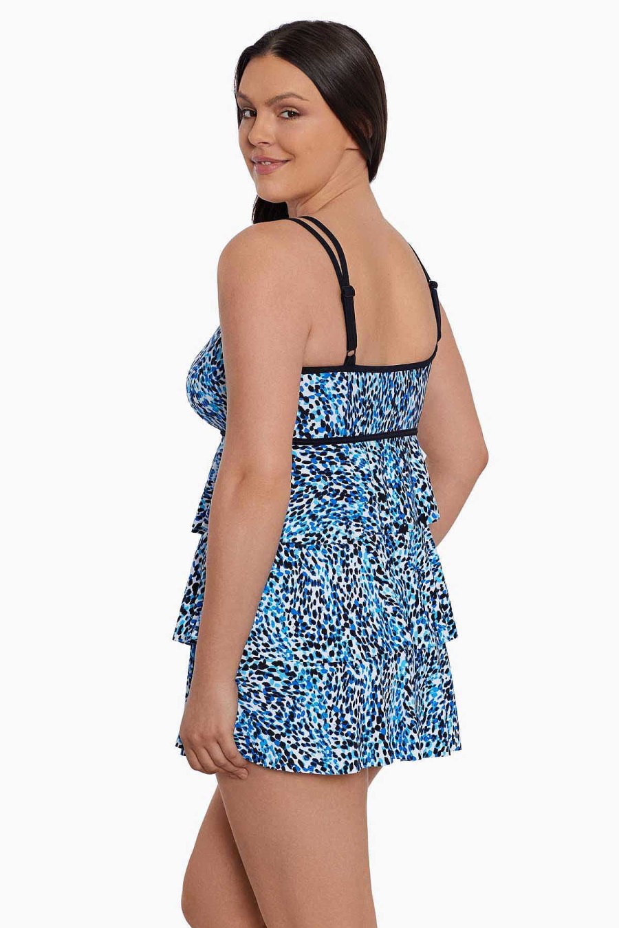 Swim Longitude | Triple Tier Long Torso Swim Dress Spotty Skin Turquoise