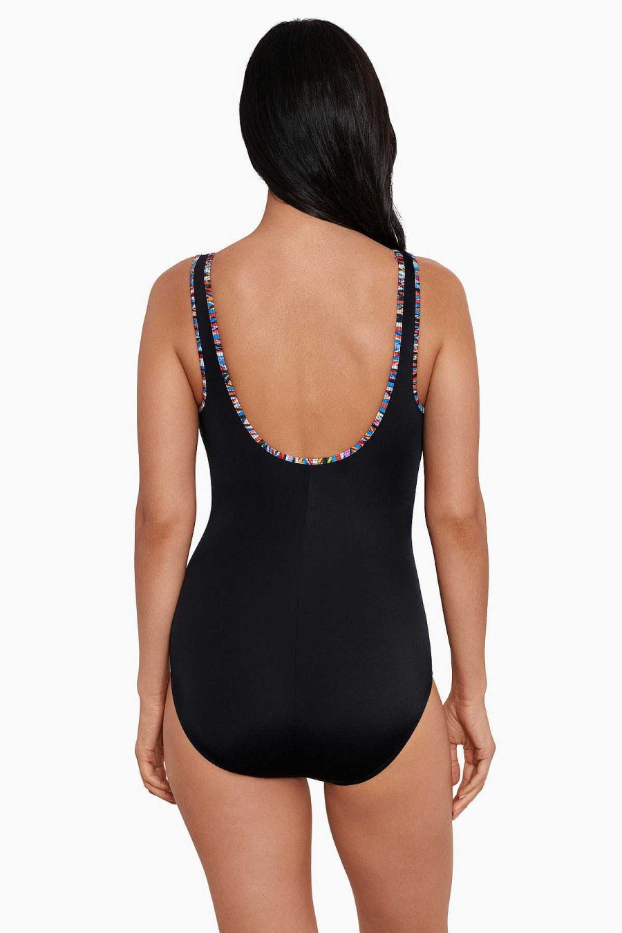 Swim Longitude | Shirred Zipper Tank One Piece Swimsuit Private Lines Multi