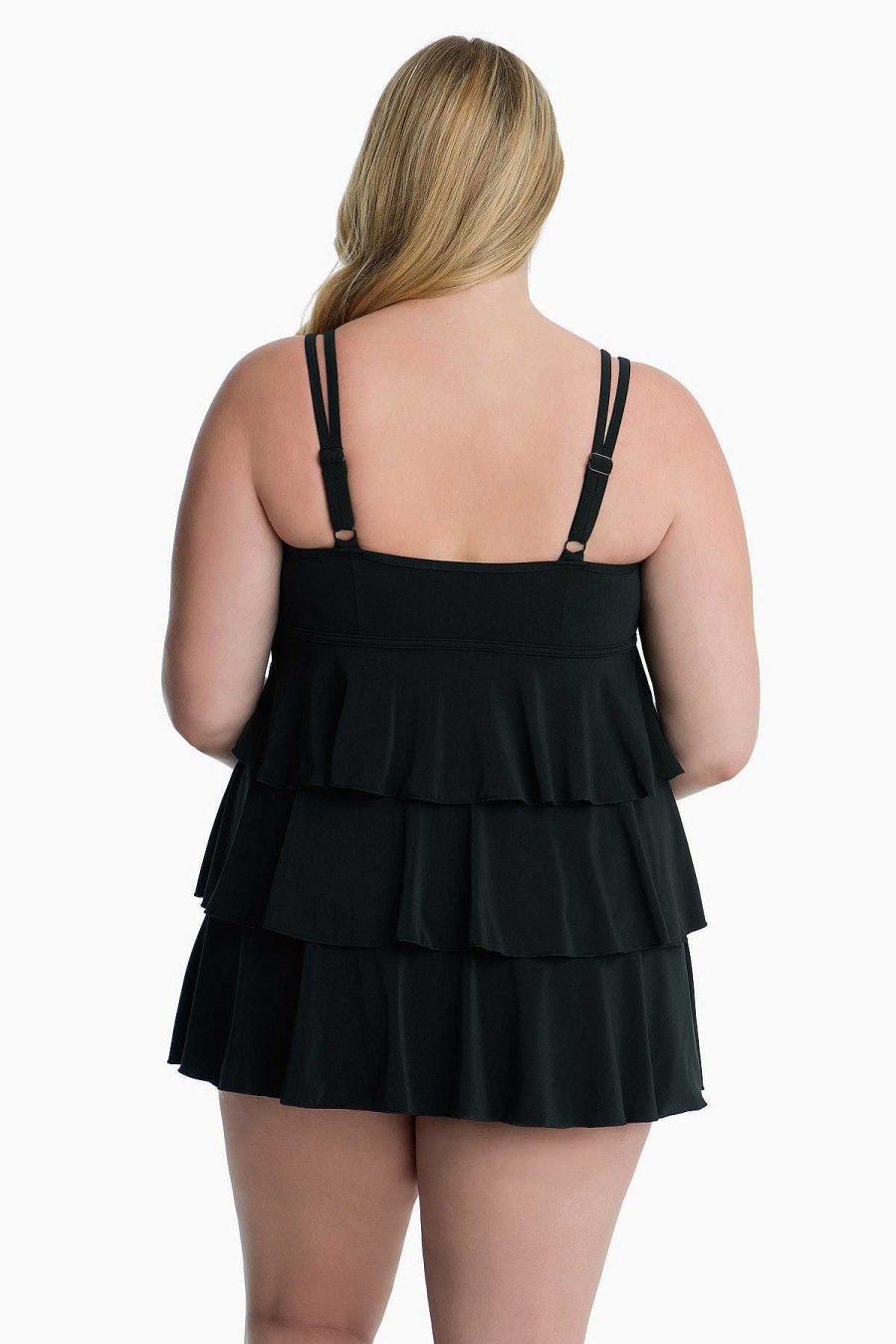 Swim Longitude | Plus Size Triple Tier Long Torso Swim Dress Tie Black