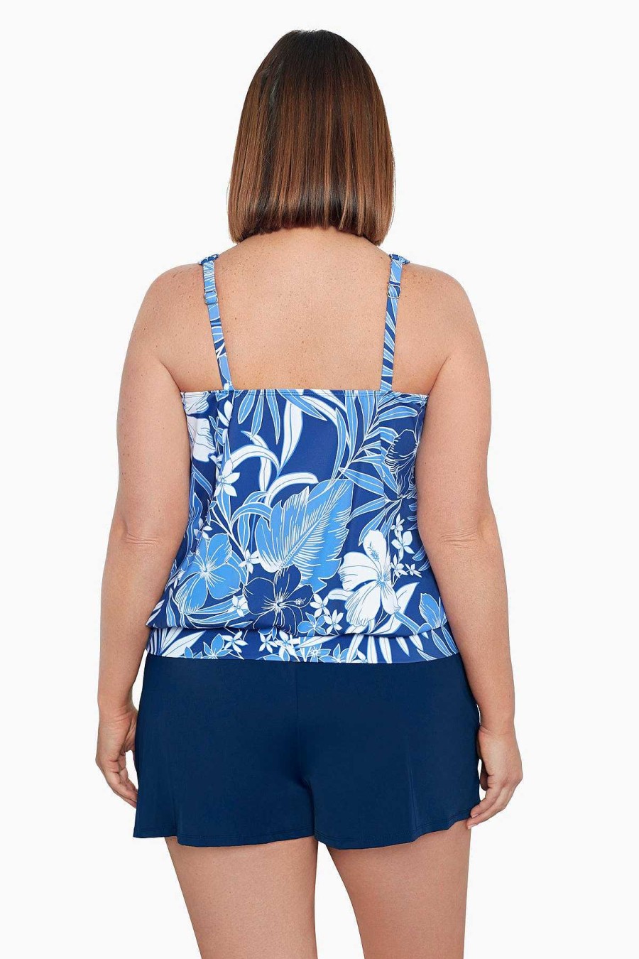 Swim Longitude | Plus Size Shirred Neck Blouson Tankini Top In My Blues Denim