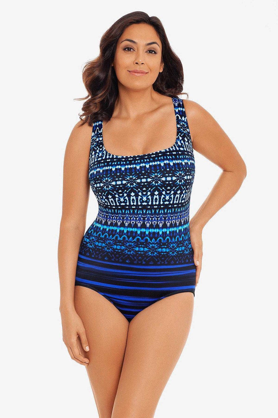 Swim Longitude | Double X-Back Tank Long Torso One Piece Swimsuit Vintage Rhythm Blue