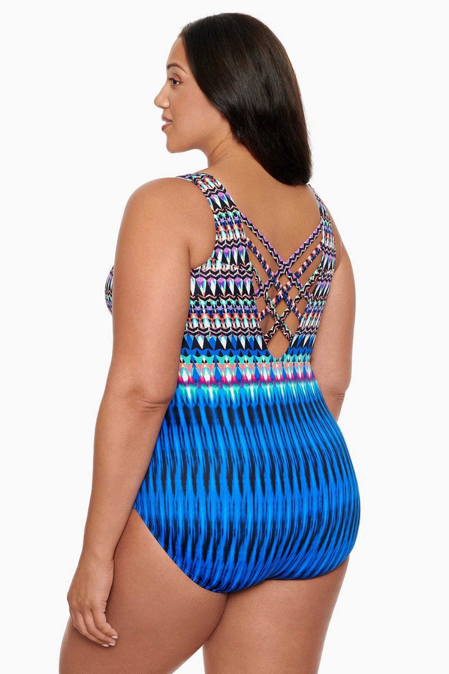 Swim Longitude | Plus Size Triple X Back Tank Long Torso One Piece Swimsuit Sparkle Park Multi