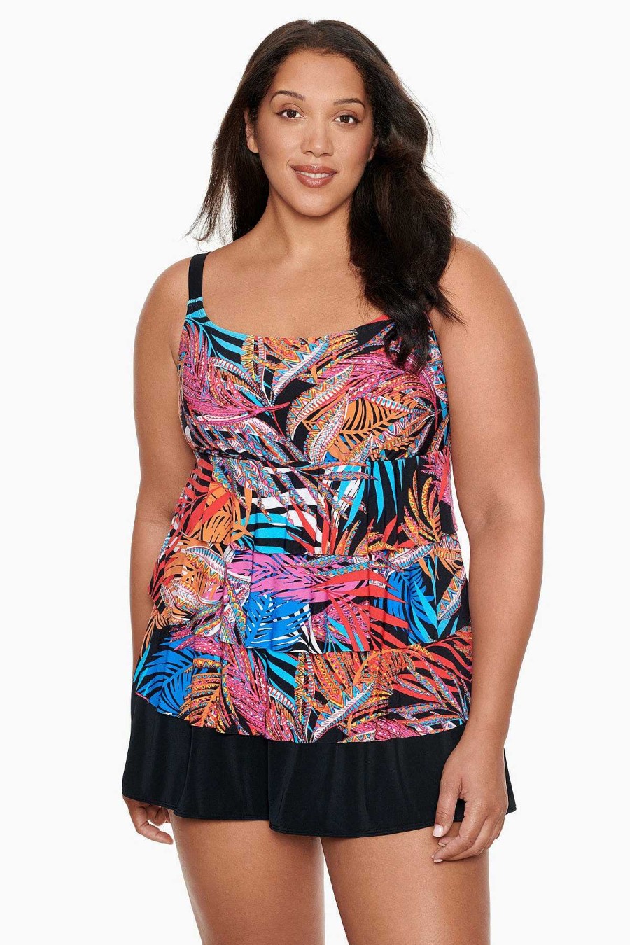 Swim Longitude | Plus Size Faux Ruffle Skirtini W/Pockets Long Torso Swim Dress Jungle Boogie Multi