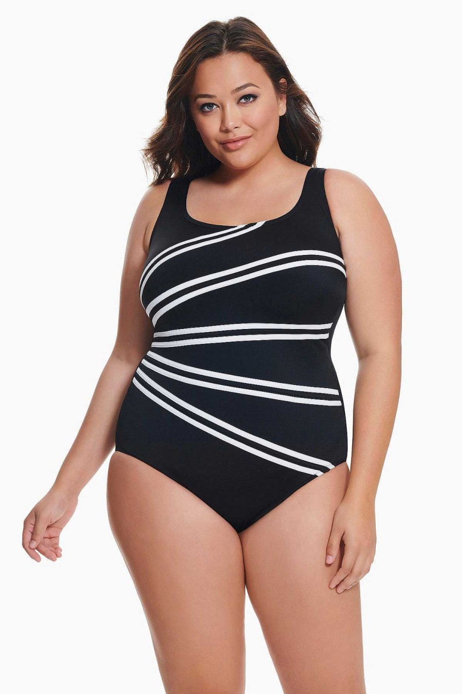 Swim Longitude | Plus Size Overlay Fan Tank Long Torso One Piece Swimsuit Colorblock Black/White