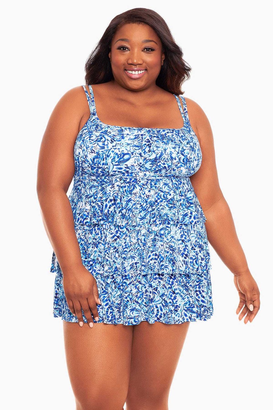 Swim Longitude | Plus Size Triple Tier Swim Dress Ocean Air Blue