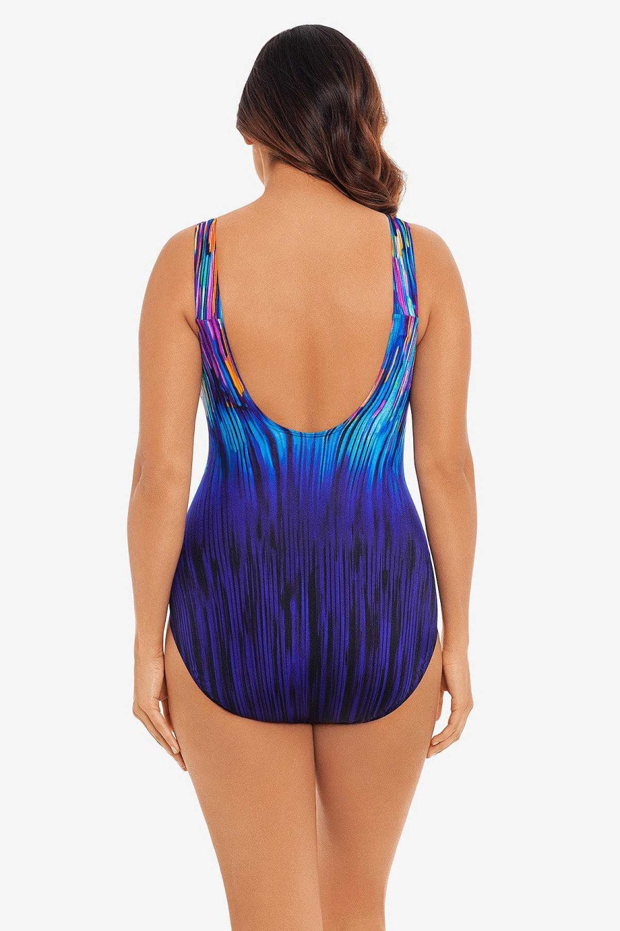 Swim Longitude | Scoopback Highneck Long Torso One Piece Swimsuit Flashing Lights Multi