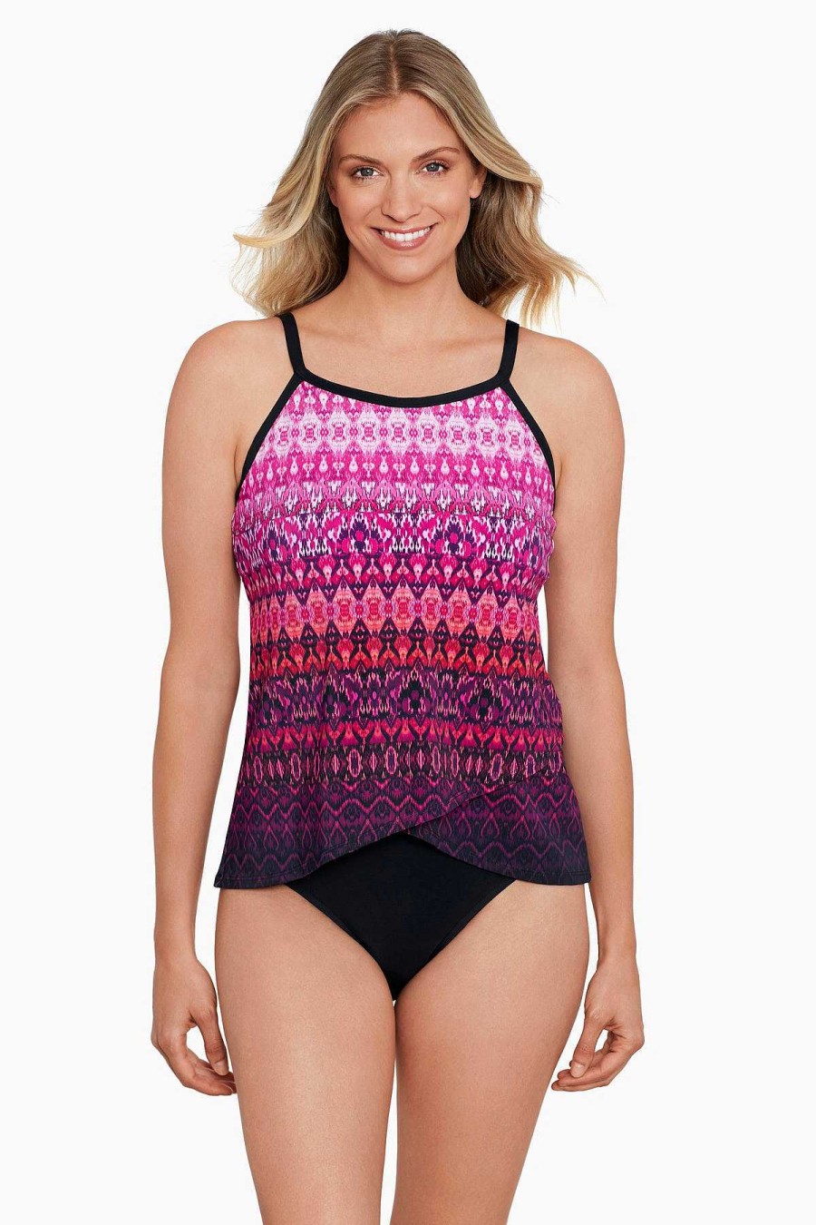 Swim Longitude | High Neck Tankini Top Biased View Black/Multi