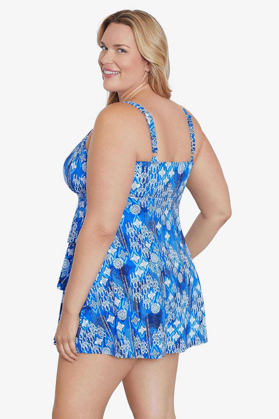 Swim Longitude | Plus Size Triple Tier Swimdress Magic Carpet Blue