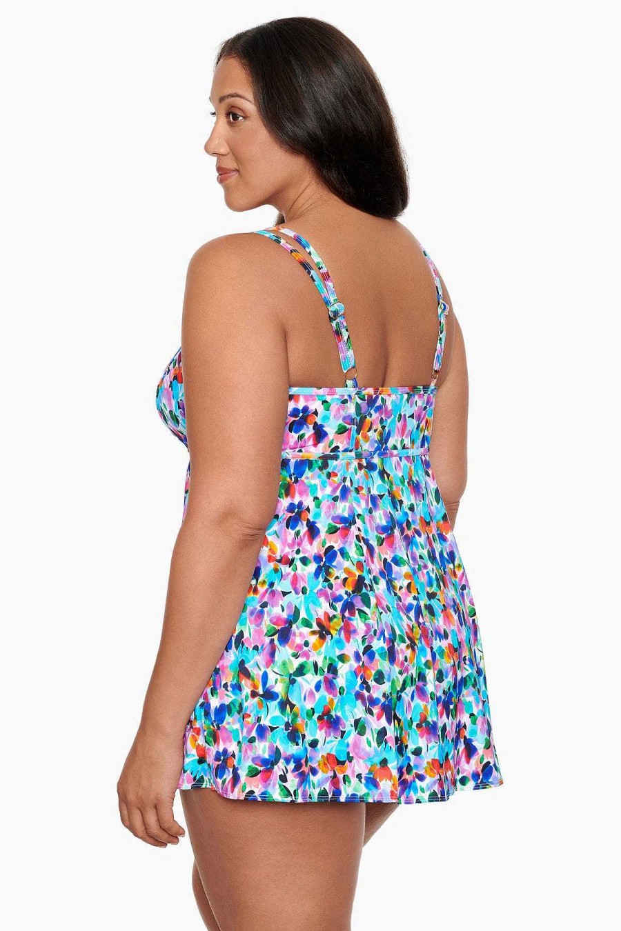 Swim Longitude | Plus Size Empire Princess Seam Swim Dress W/ Pockets Blooming Bouquet Multi