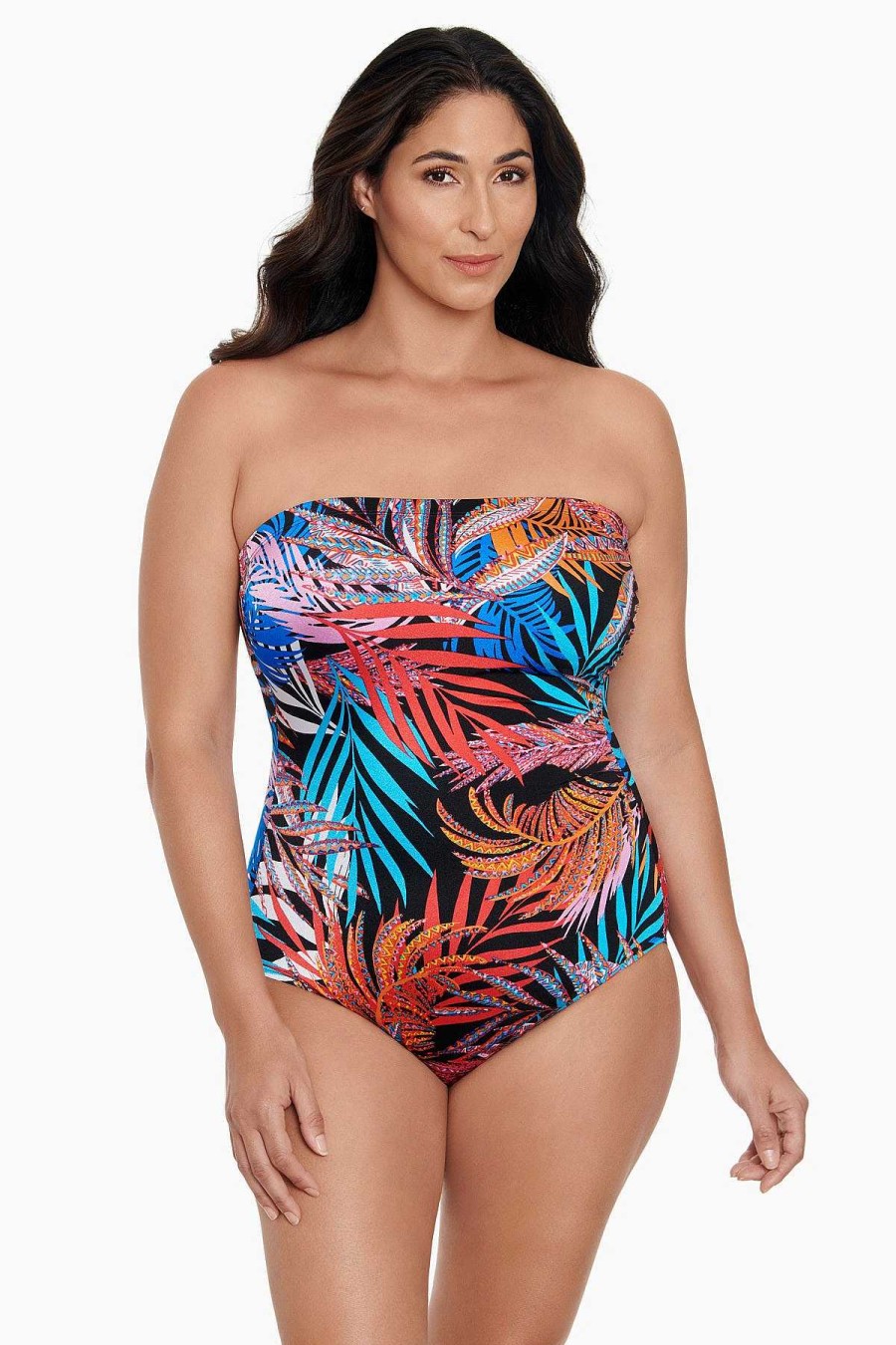 Swim Longitude | Side Shirred Bandeau Long Torso One Piece Swimsuit Jungle Boogie Multi