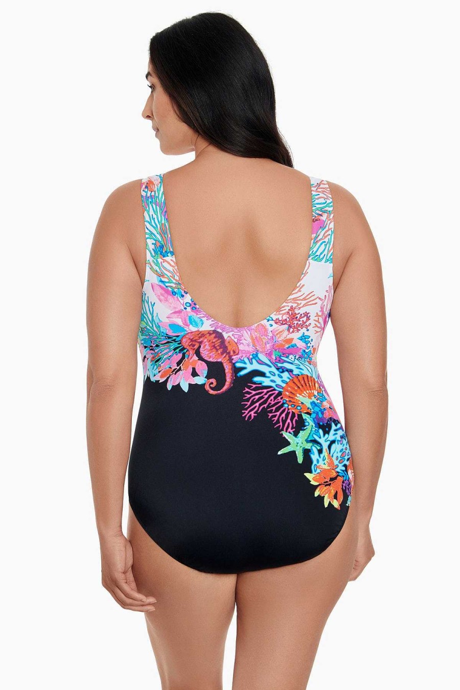 Swim Longitude | Panel Scoopback Highneck Long Torso One Piece Swimsuit Underwater Goddess Multi