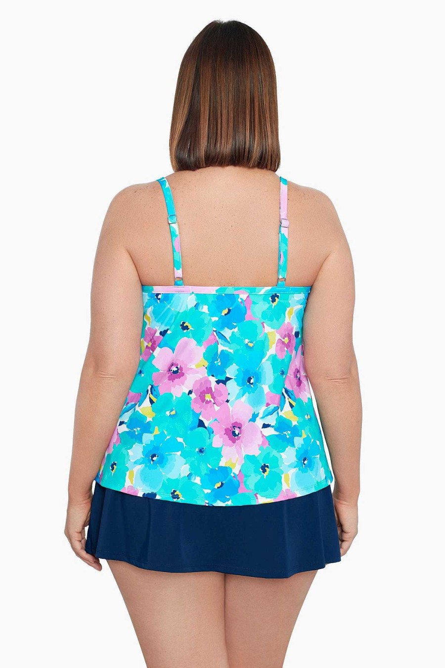 Swim Longitude | Plus Size Knotted Flyaway Tankini Top Hidden Garden Multi