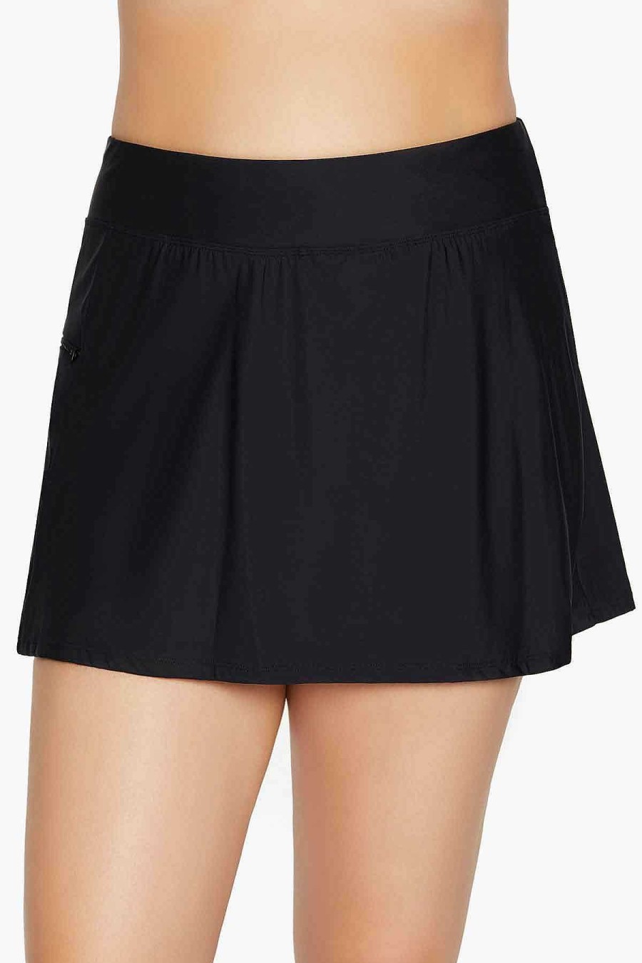 Swim Longitude | Plus Size Skort With Zip Pocket Swim Bottom Black