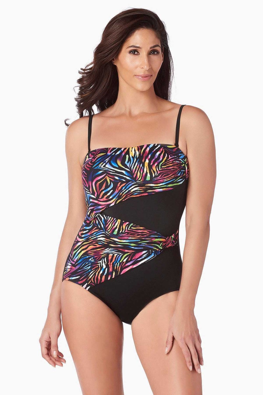 Swim Longitude | Double Drape Bandeau Long Torso One Piece Swimsuit Bombay Multi