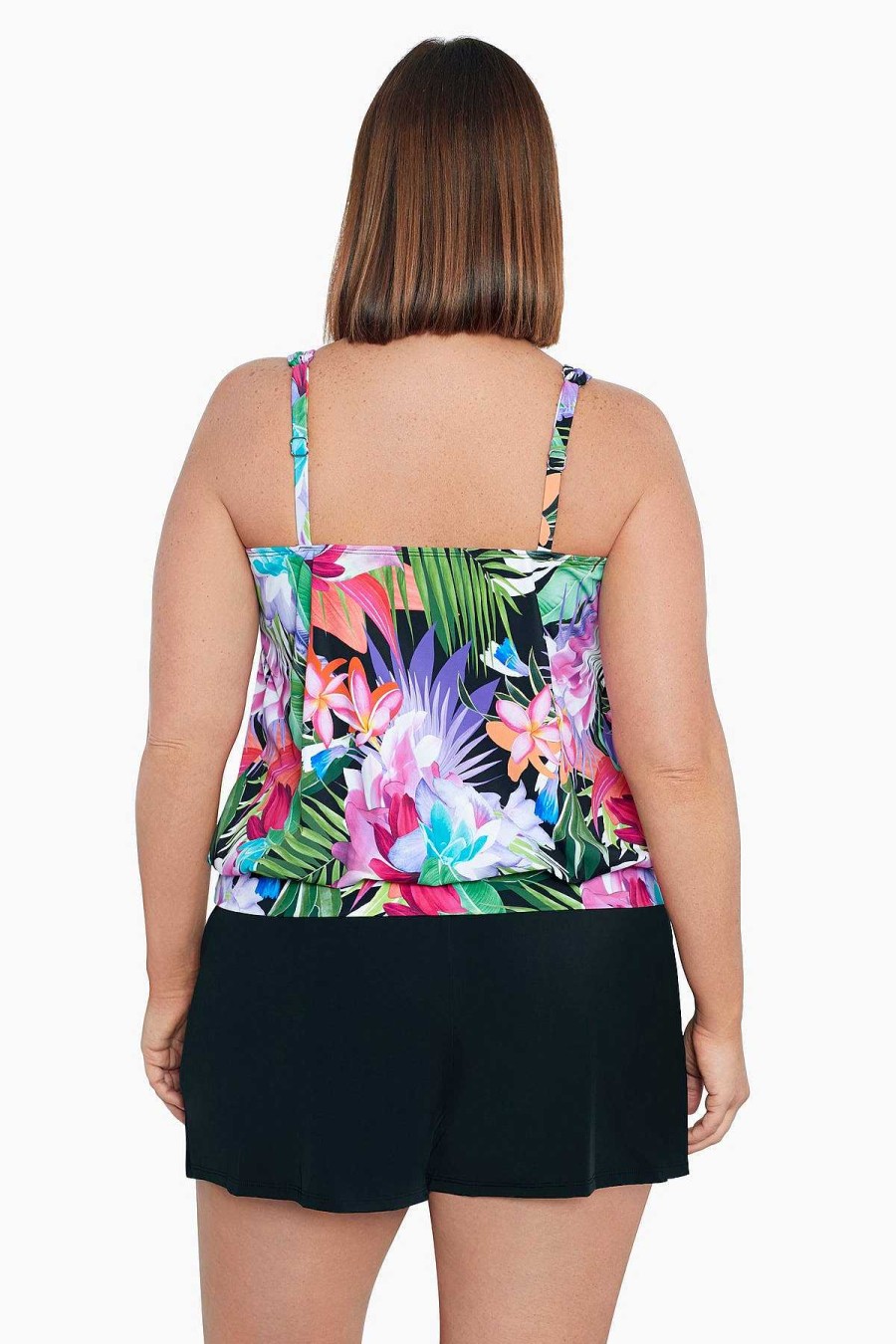 Swim Longitude | Plus Size Shirred Neck Blouson Tankini Top Lush Life Black/Multi