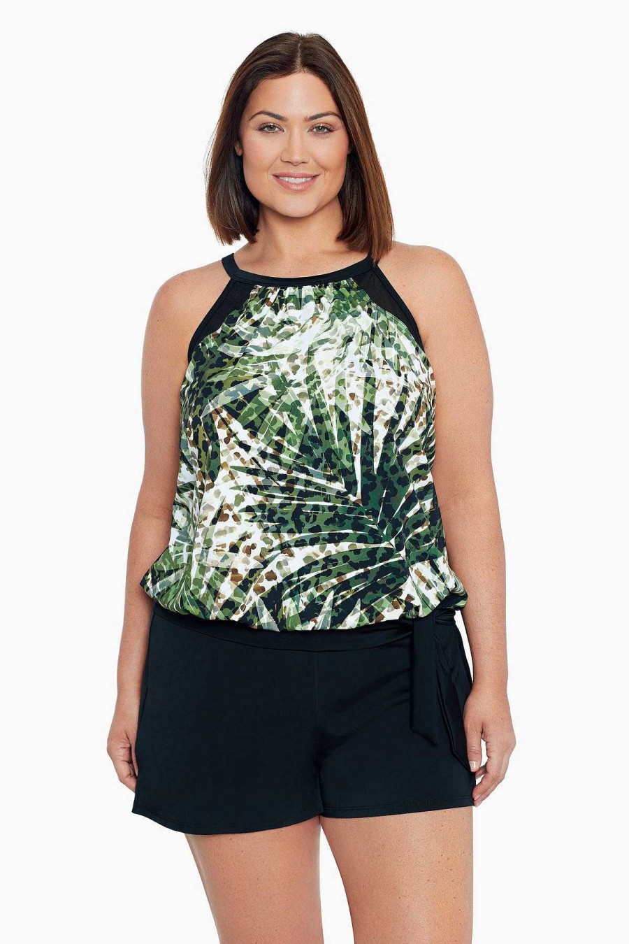 Swim Longitude | Plus Size High Neck Blouson Tankini Top W/ Mesh Inserts Wild Leaf Multi