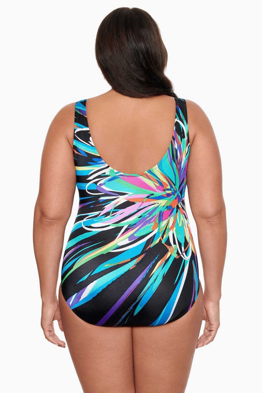 Swim Longitude | Plus Size Panel Scoopneck Tank Long Torso One Piece Swimsuit Floral Burst Multi