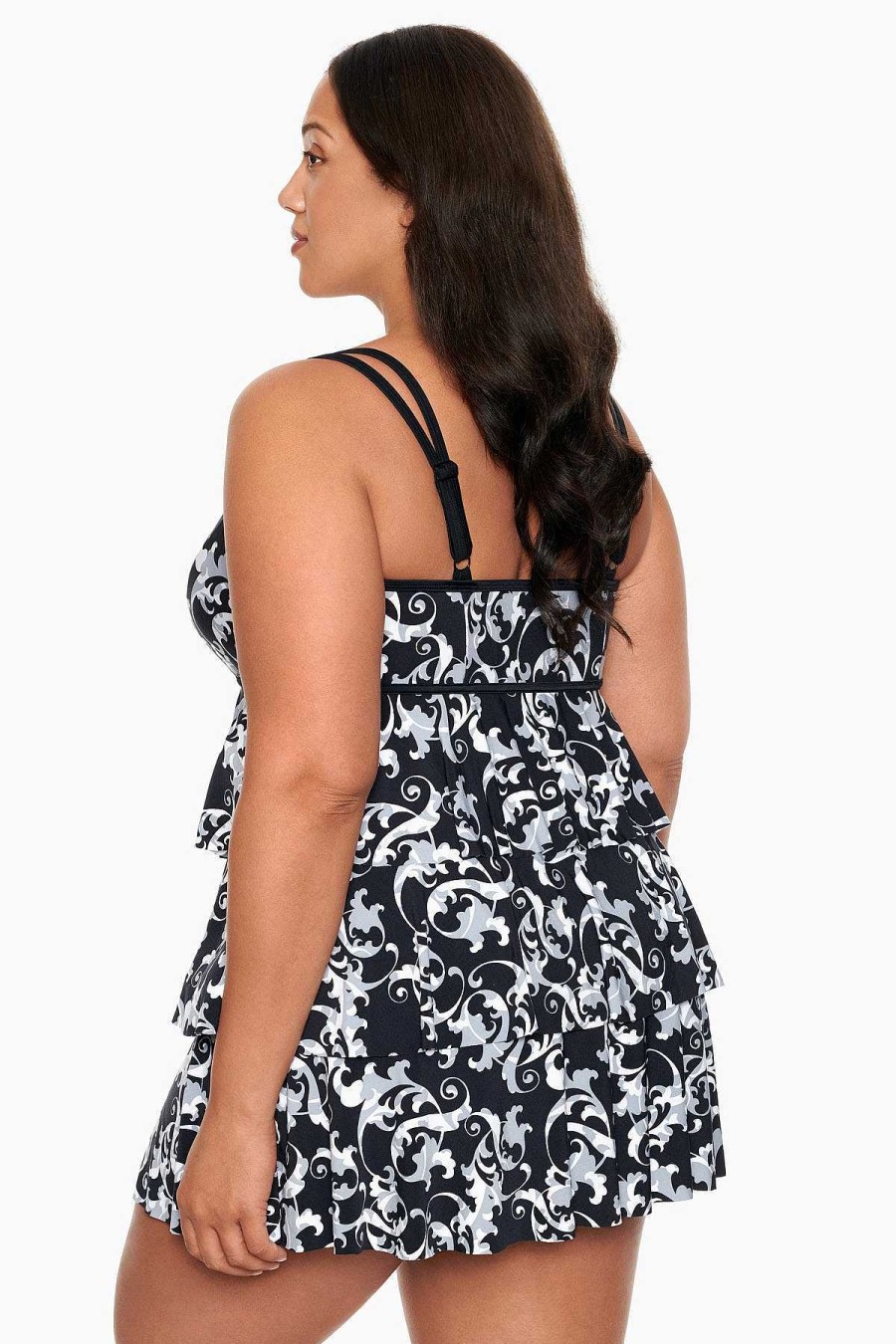 Swim Longitude | Plus Size Triple Tier Swim Dress Caprice Black/White