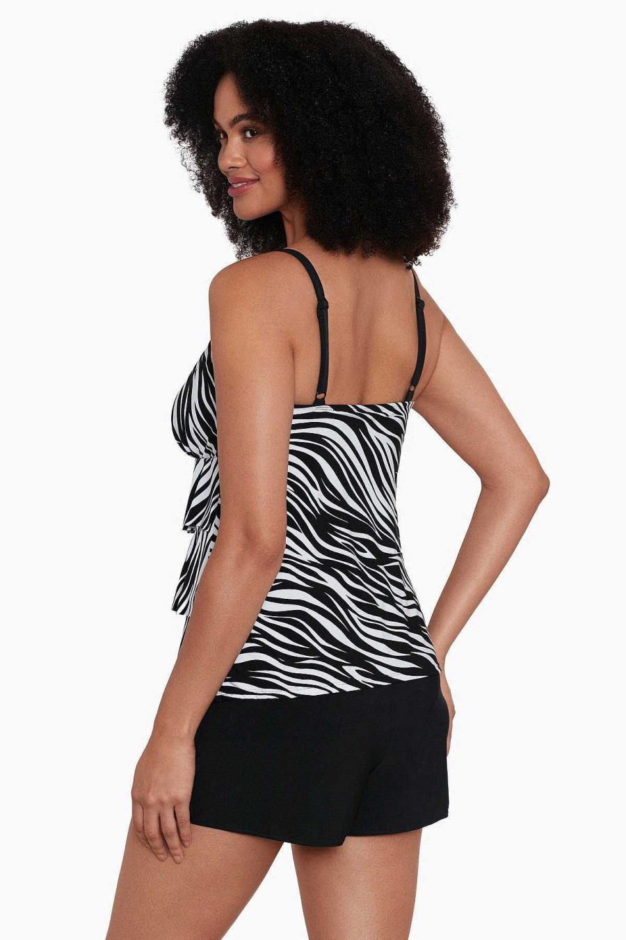 Swim Longitude | Ruffle Long Torso Faux Shortini W/ Pockets Animal Instinct Black/White