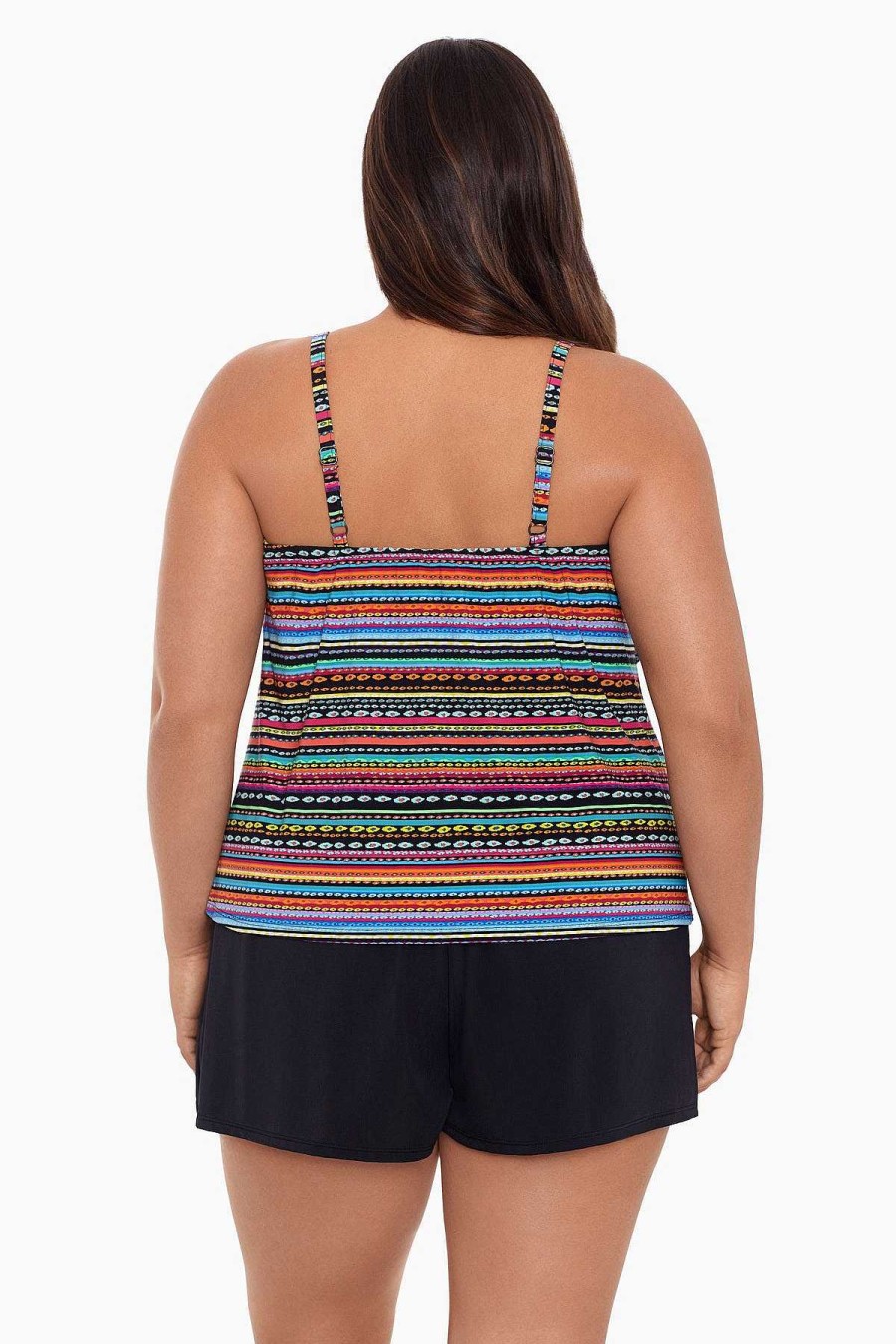 Swim Longitude | Plus Size Farrah Striped Romper One Piece Swimsuit Mad Dash Multi