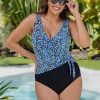 Swim Longitude | Ruffle Front Sash Surplice Long Torso One Piece Swimsuit Spotty Skin Turquoise