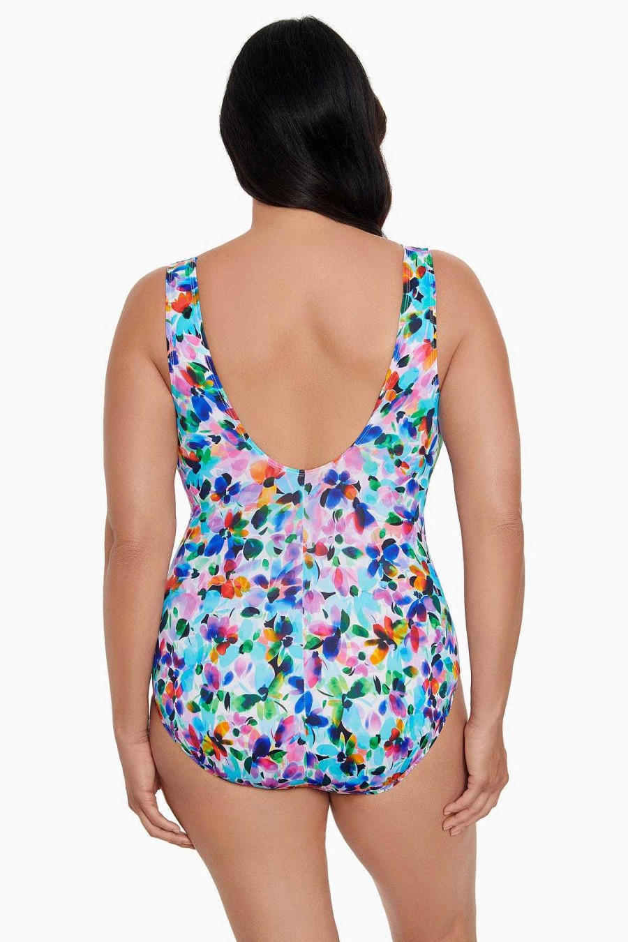 Swim Longitude | Ruffle Surplice Long Torso One Piece Swimsuit Blooming Bouquet Multi